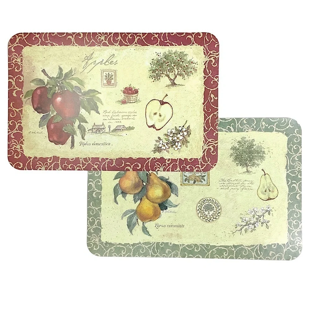 Apple Pear Orchard Placemats  Reversible Easy Care Farmhouse Set of 4 Red Green